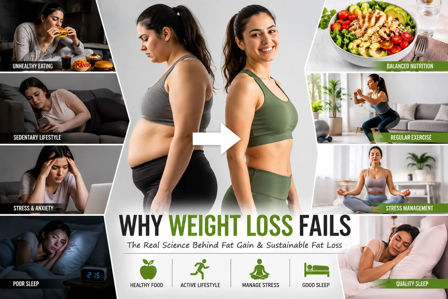 why weight loss fails- Woman transformation showing unhealthy lifestyle to healthy balanced wellness lifestyle with nutrition, exercise, sleep, and stress management concepts