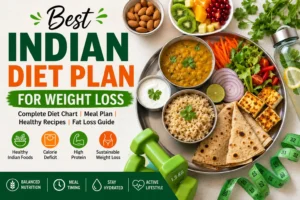 Healthy Indian diet plan for weight loss featuring whole wheat roti, brown rice, dal, paneer, fresh vegetables, fruits, yogurt, and fitness equipment for balanced nutrition and sustainable fat loss.