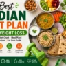 Healthy Indian diet plan for weight loss featuring whole wheat roti, brown rice, dal, paneer, fresh vegetables, fruits, yogurt, and fitness equipment for balanced nutrition and sustainable fat loss.