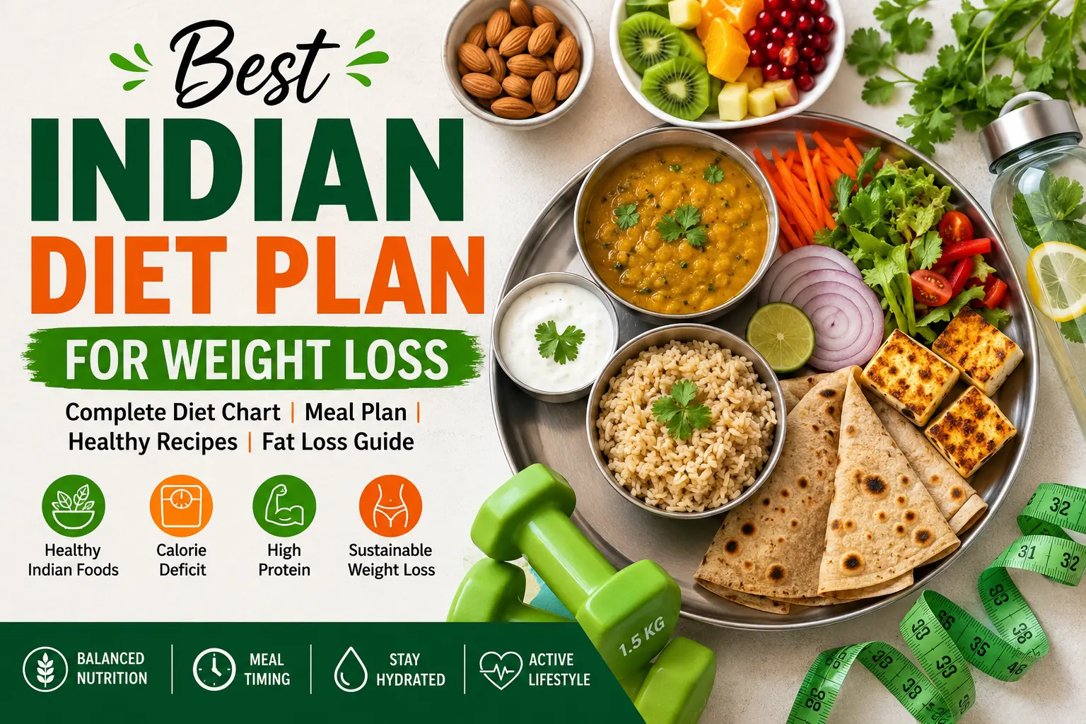 Healthy Indian diet plan for weight loss featuring whole wheat roti, brown rice, dal, paneer, fresh vegetables, fruits, yogurt, and fitness equipment for balanced nutrition and sustainable fat loss.